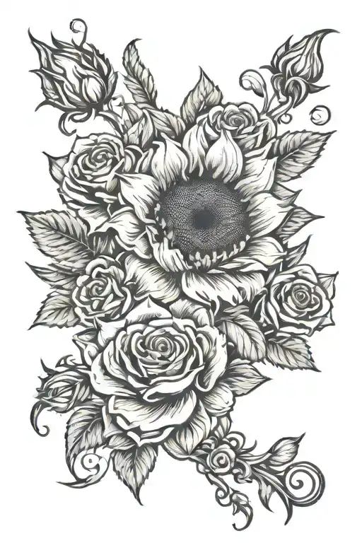 A Sunflower And Roses Tied Together And On Fire Coming Tattoo