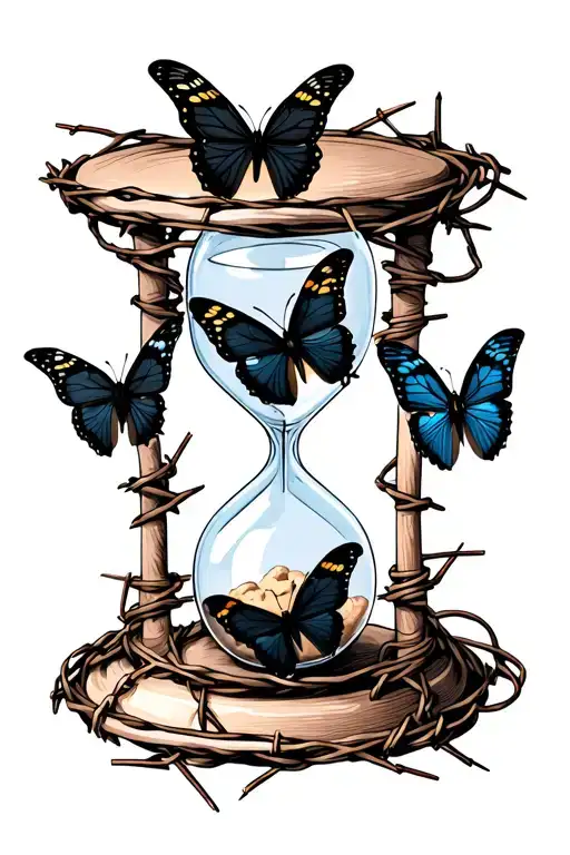 Hourglass Wrapped In Barbed Wire And With Three Black Butterflies Inside