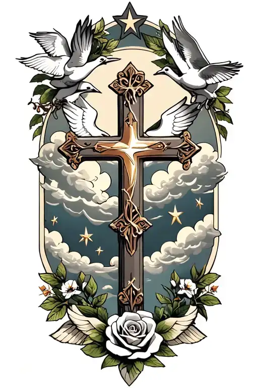 Clouds And White Stars And Doves And A Rose And A Catholic Cross