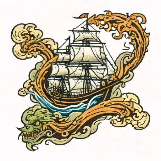 Ship Sailing Through Stormy Seas Sea Monster