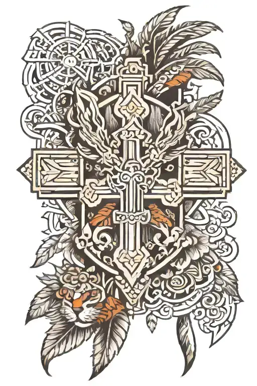 Cross Tattoo And Rabbit Paw And Aztec Calender