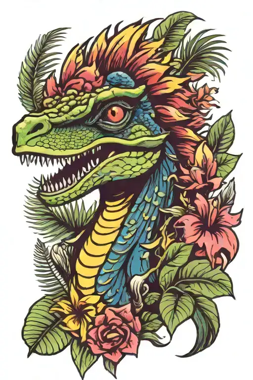 Dilophosaurus Bursting Thro Tropical Plants Intertwined