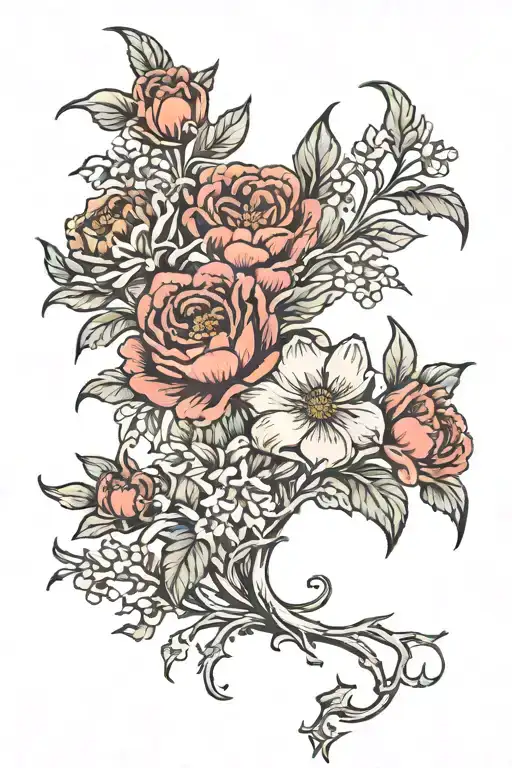 Back Tattoo Designs With Multiple Flowers That Incorporates Flowers From Every Season