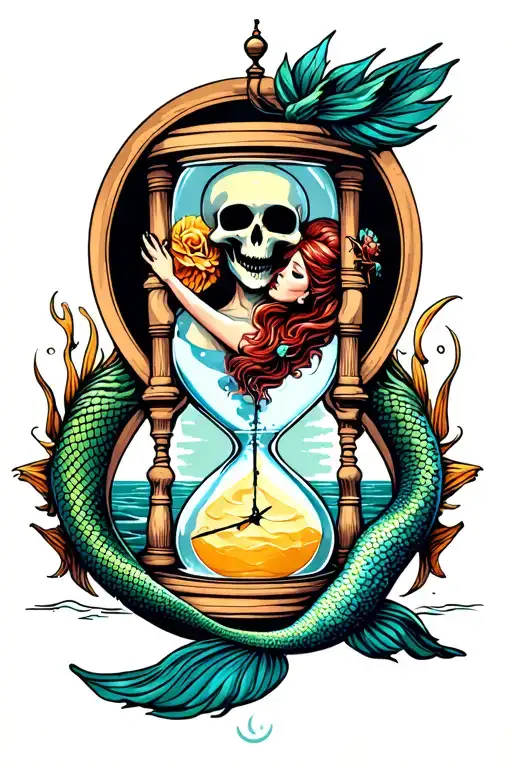 Mermaid And Reaper Circling An Hourglass