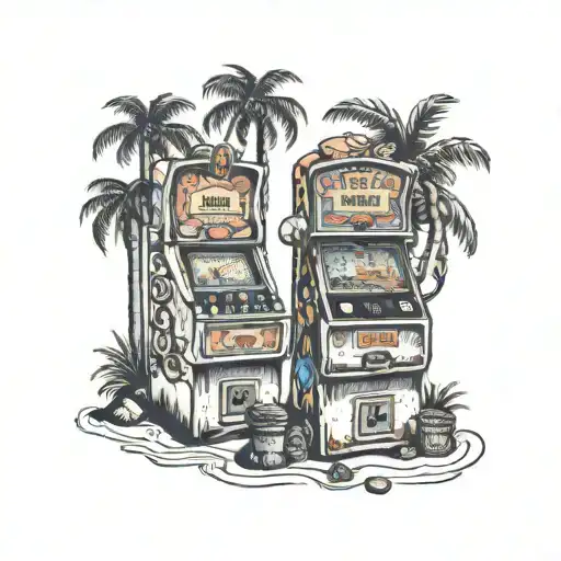 2 Slot Machines Buried At A Beach Scene With Palm