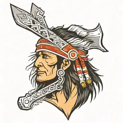 Cherokee Warrior Tomahawk With Handle Made Of Drum Sticks