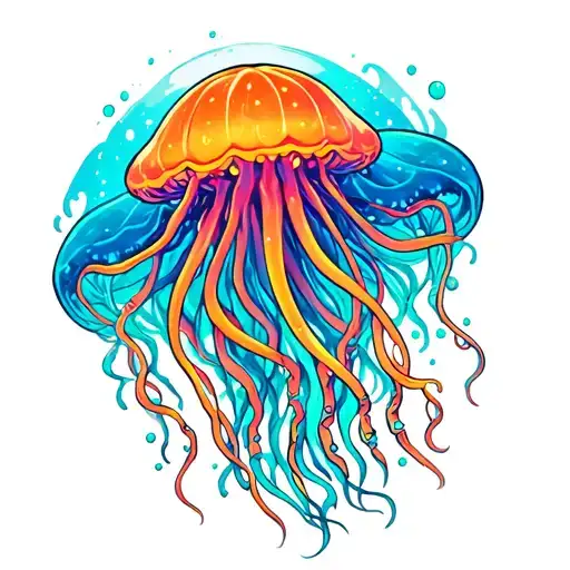 Pschadelic Neon Jellyfish Floating With Long Tentacles