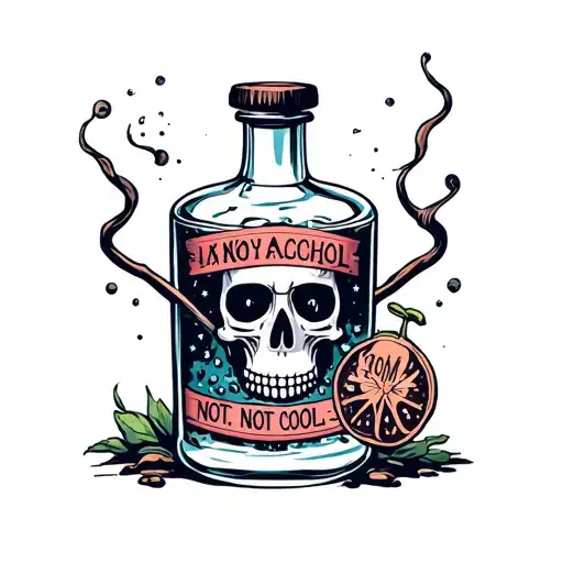 Ancient Style Bottle With Liquid Inside With Label Skull With Alcohol Lettering Is Not Cool