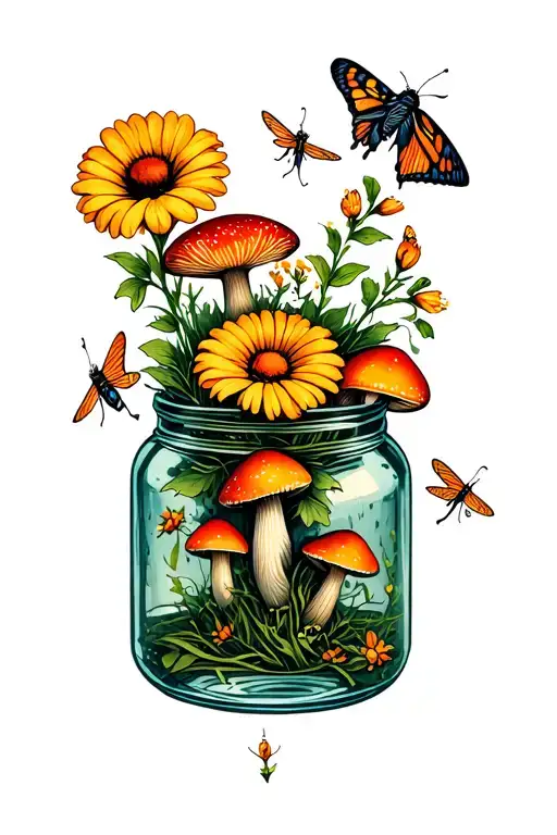 Flowers Surrounding A Jar Of Fireflies Mushrooms And A Moth