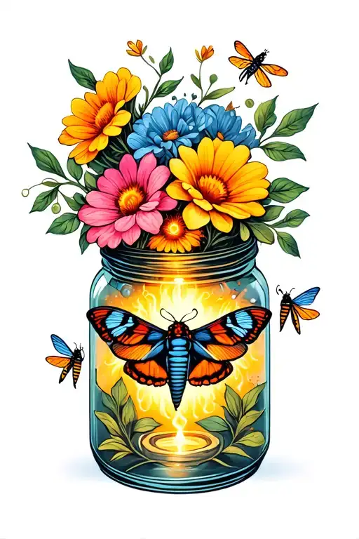 Flowers Surrounding A Jar Of Fireflies And A Moth