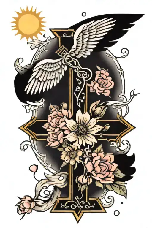 Cross With Cherry Blossoms Angel Wings Sun Shining And Sunflowers