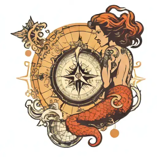 Silhouette Of A Mermaid On The Background Of A Compass And A Map Of The World With Water Stains