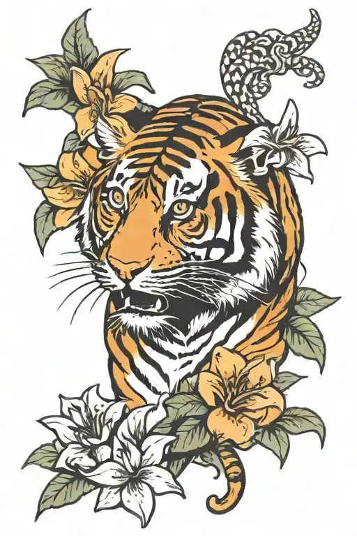Tiger With Lillys Blossoming