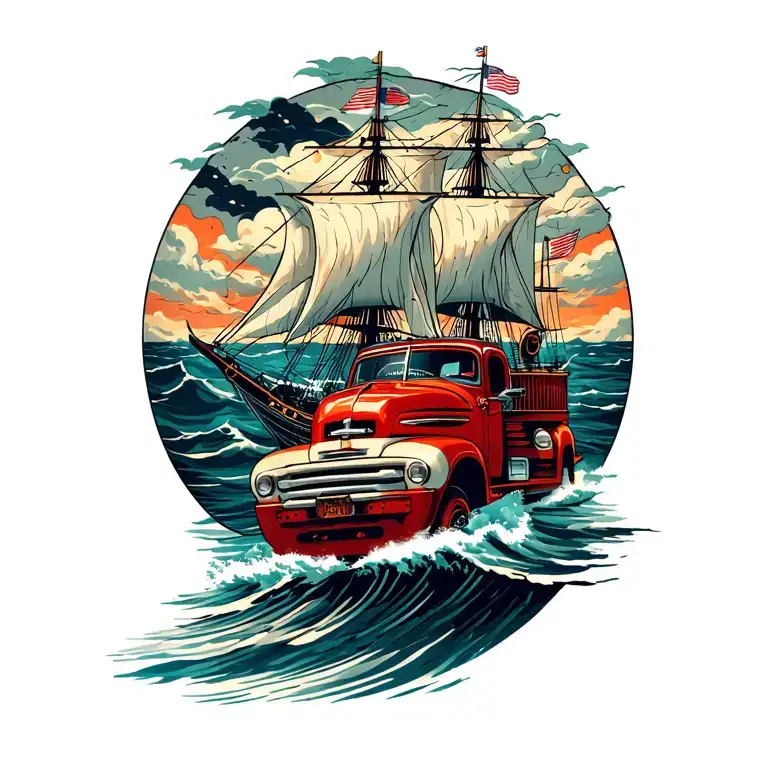 Truck And Ship Sailing Through Stormy