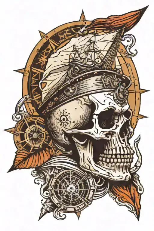 Skull With A Compass On Forehead And A Ship Sailing Above It