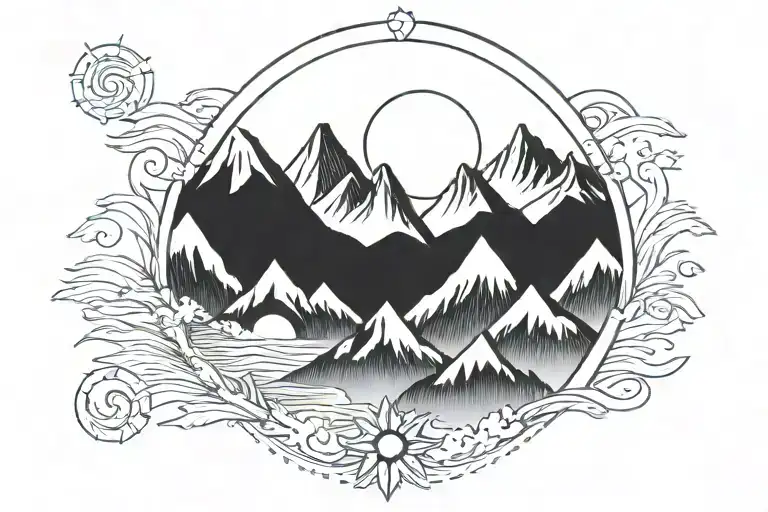 Six Mountain Tops With Sun In The Background