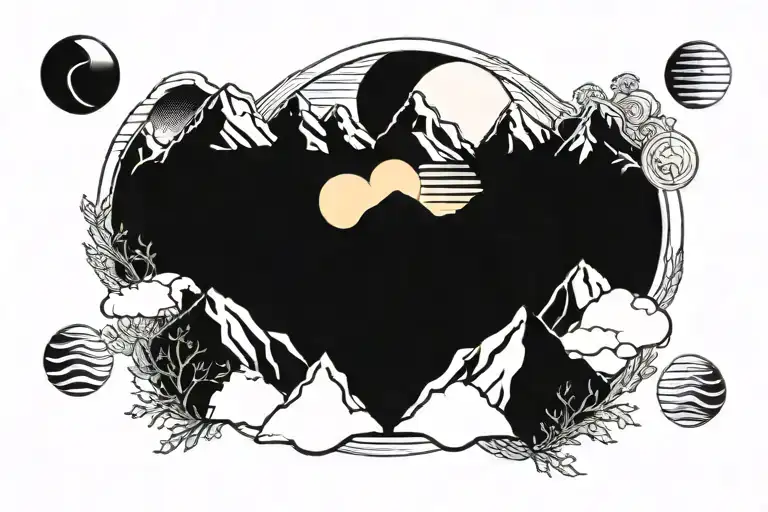 Six Mountain Tops With Sun In The Background