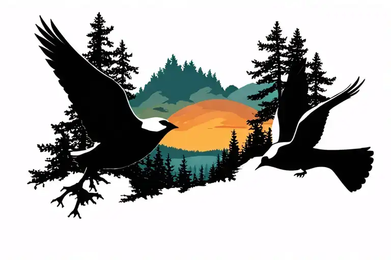 Forest Landscape With 2 Birds Flying