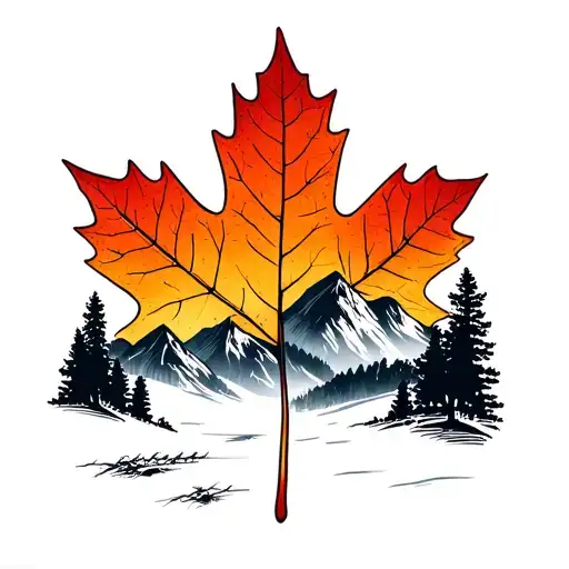 Maple Leaf And Mountain Scene