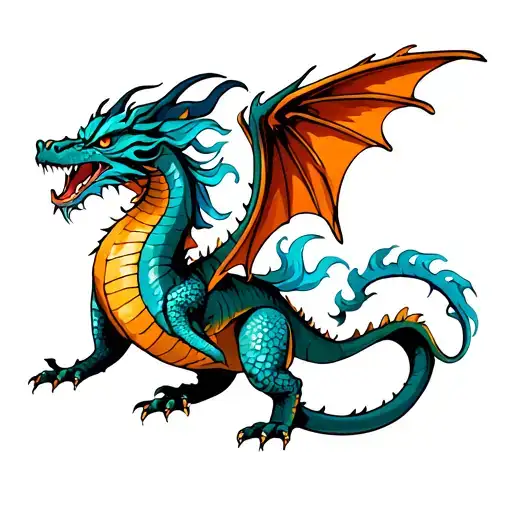 Dragon With Long Tail And Highlights Of Blue Throughout The Body And Hair And Wings Spread