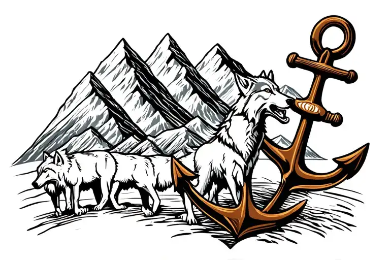 Anchor With 3 Mountain Peaks And A Wolf Leading A Wolf Pack
