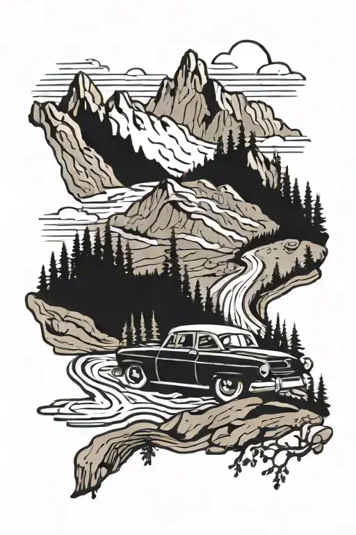 Car Roadtripping Through Mountains With Small Stream