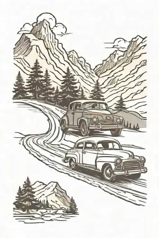 Car Driving On Road Through Mountains Scene