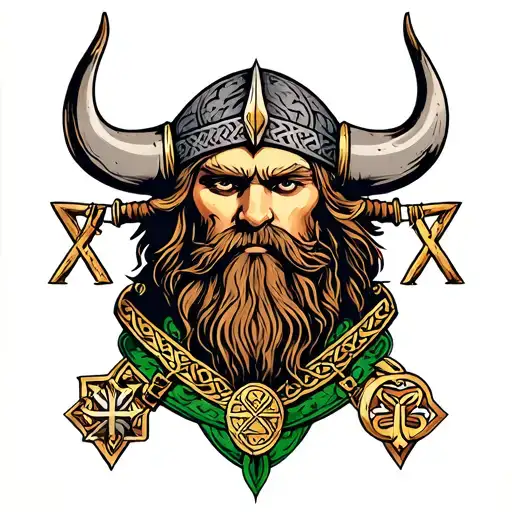 Front On Viking Face With Nordic Runes And Charms Sitting On Irish And Celtic Good Luck Charms