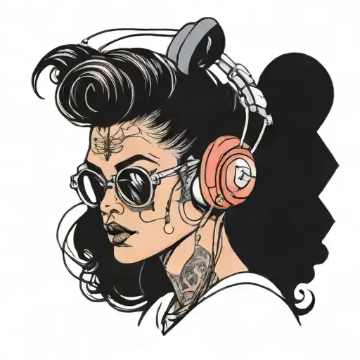 Cyberpunk Woman Tattoos Headphones Rave Music Cables Sexy Sunglasses