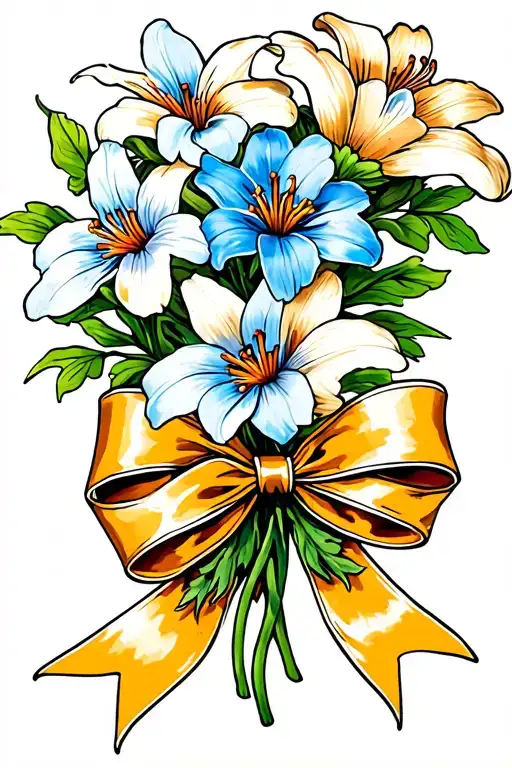 Forget Me Not Flowers Intertwined With Lilies Tied With A Bow