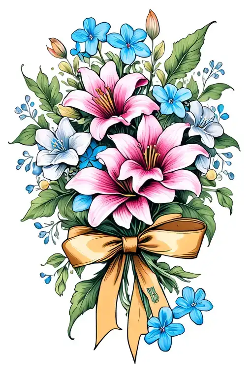 Forget Me Not Flowers Intertwined With Lilies Tied With A Bow Less Color More Fine Line Art