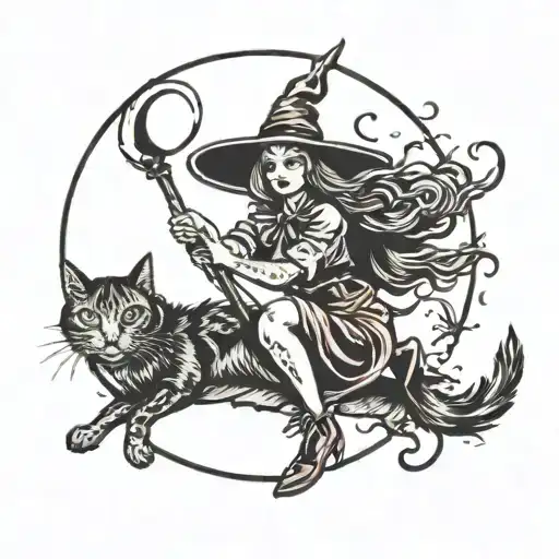 Witch With Cat And Moon In The Background