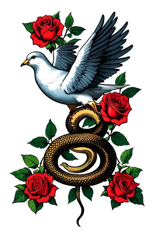 Dove With 2 Roses And A Snake With Head On Both Ends Underneath The Dove And Roses