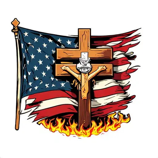 Fire Fighting Flag And Christian Cross Surrounded