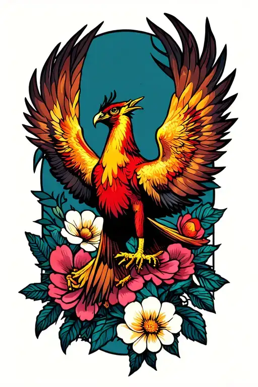 Phoenix Bird Flying Flowers Surrounding