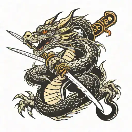 Two Tailed Dragon With A Katana And Gun