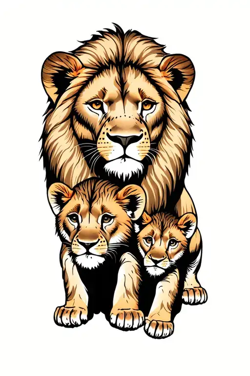 Mama Lion Two Cubs