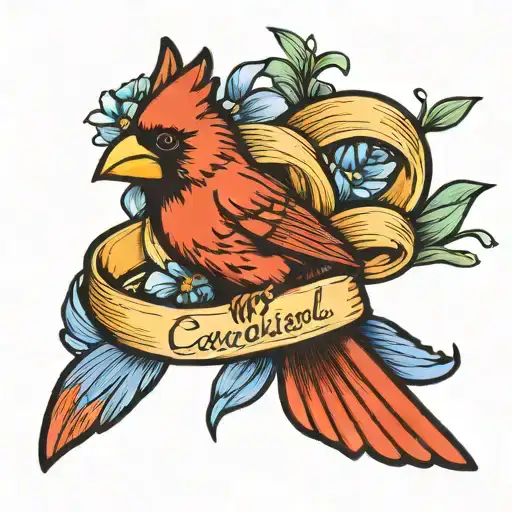 Cardinal Inside Gold Awareness Ribbon With Blue Lily On The Right Side