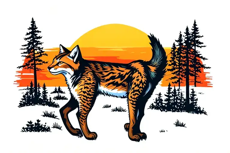Lynx And Trees Colors Sunset