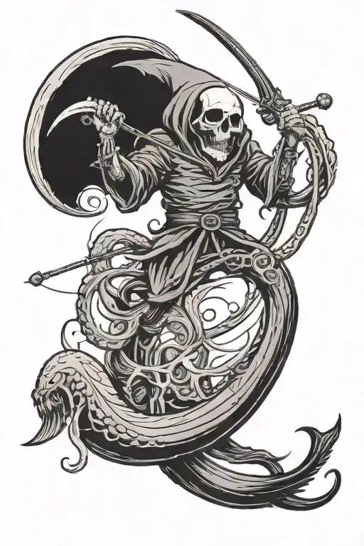 Grim Reaper Harpooning Giant Squid From A Boat