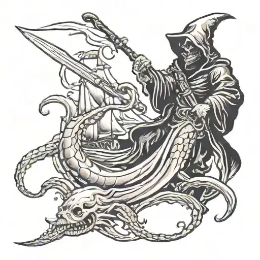 Grim Reaper Fighting A Kraken