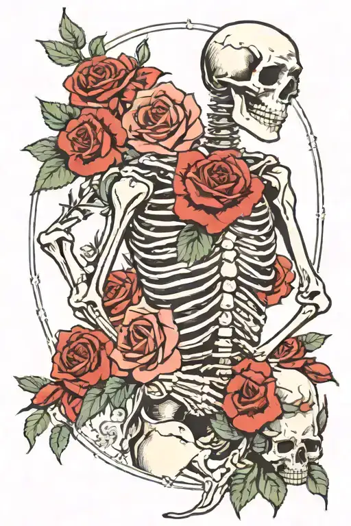 Woman And Skeleton And Roses