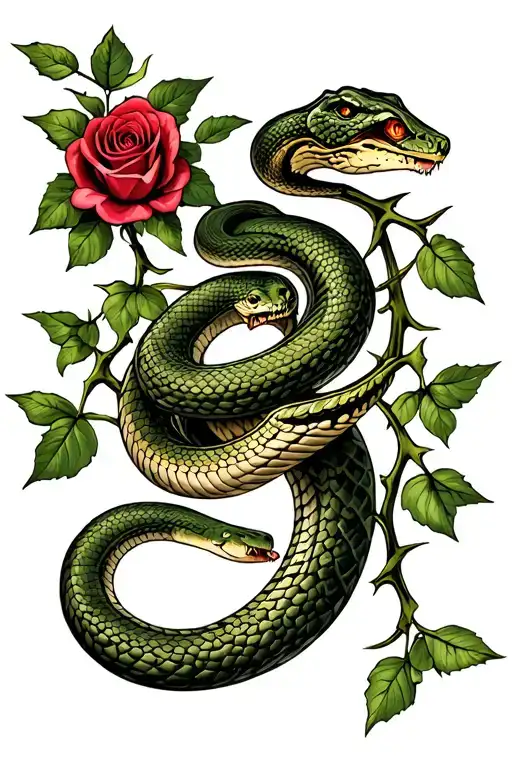 Snake Trapped In Posin Ivy And Rose Thorns Wrapped