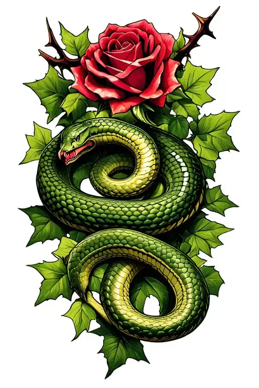 Snake Sourrounded In Posin Ivy And Rose Thorns