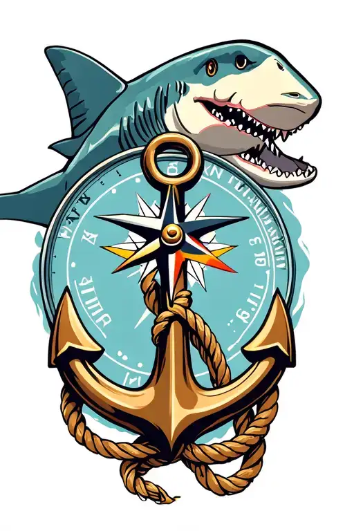 Nautical Compass Boat Anchor With Rope Wrapped And A Shark Behind