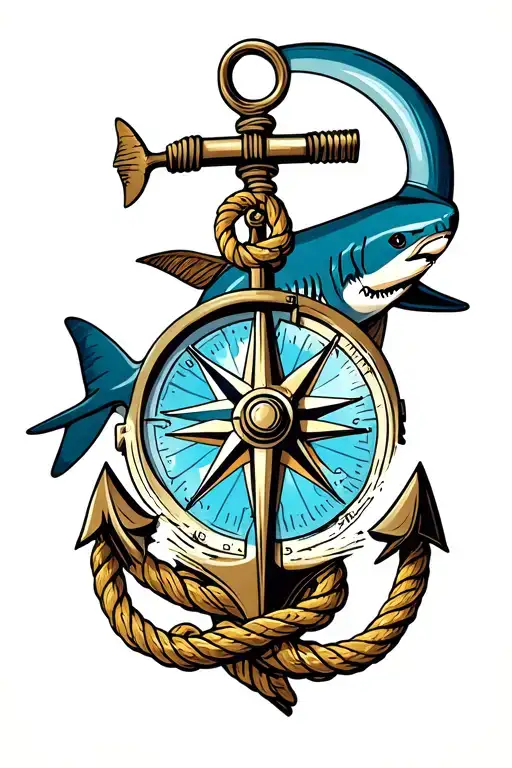 Nautical Compass Boat Anchor With Rope Wrapped And A Shark Behind