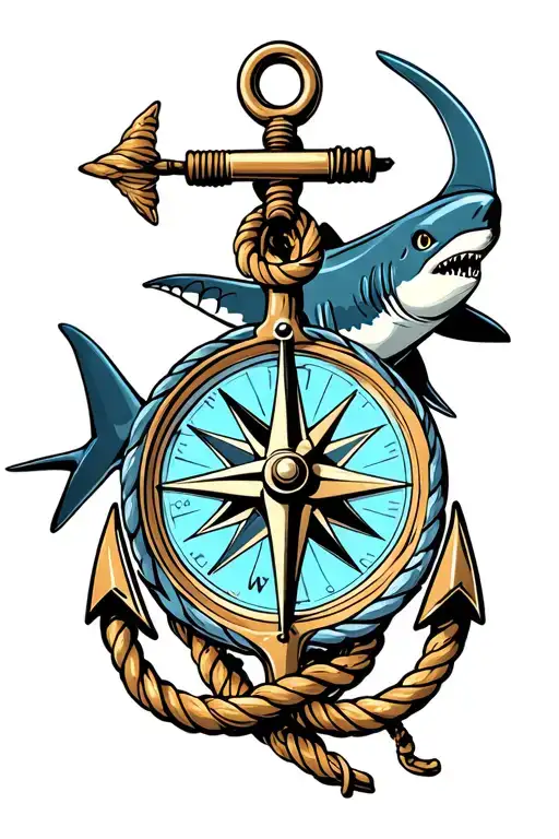 Nautical Compass Boat Anchor With Rope Wrapped And A Shark Behind