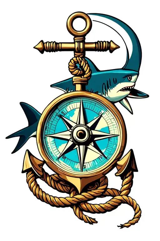Nautical Compass Boat Anchor With Rope Wrapped And A Shark Behind