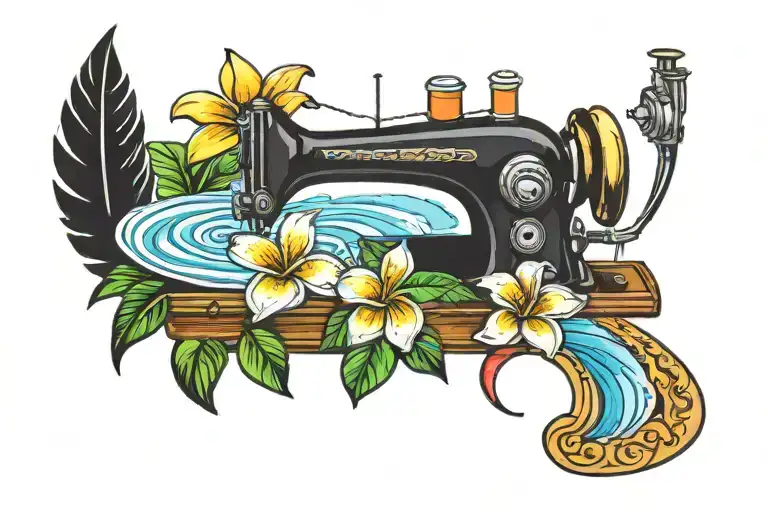 Sewing Machine Palm Tree Wave Rainbow Plumeria Hawaii
