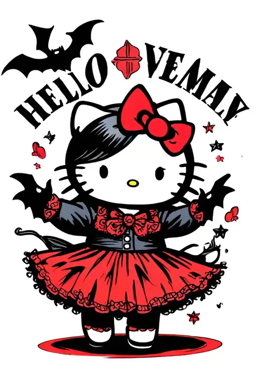 Hello Kitty Wenesday Addams Dancing With Bats Flying